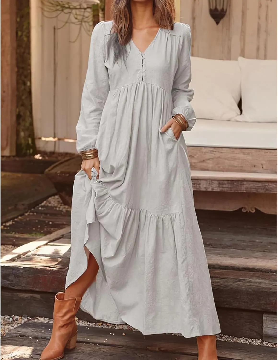 2025 Women's Linen Maxi Dress with Pockets-Long Sleeve V-Neck Button Front Beach Dress for Summer