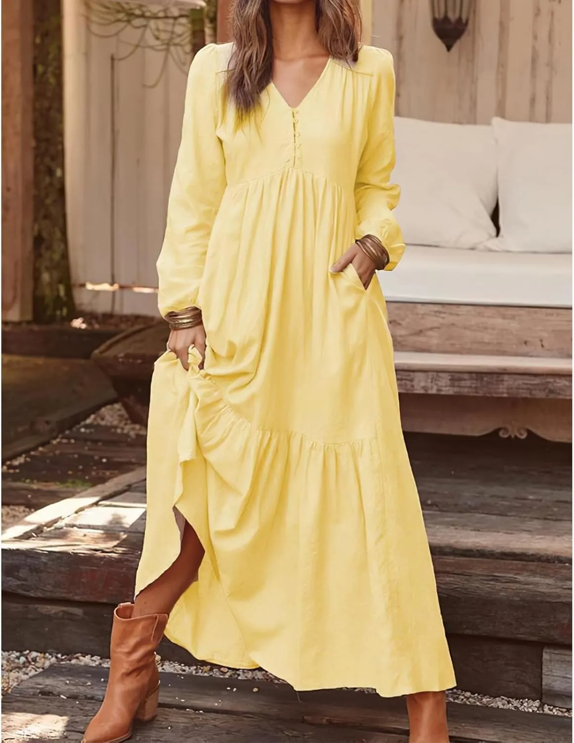 2025 Women's Linen Maxi Dress with Pockets-Long Sleeve V-Neck Button Front Beach Dress for Summer