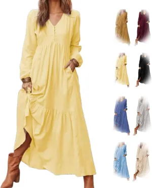 2025 Women's Linen Maxi Dress with Pockets-Long Sleeve V-Neck Button Front Beach Dress for Summer