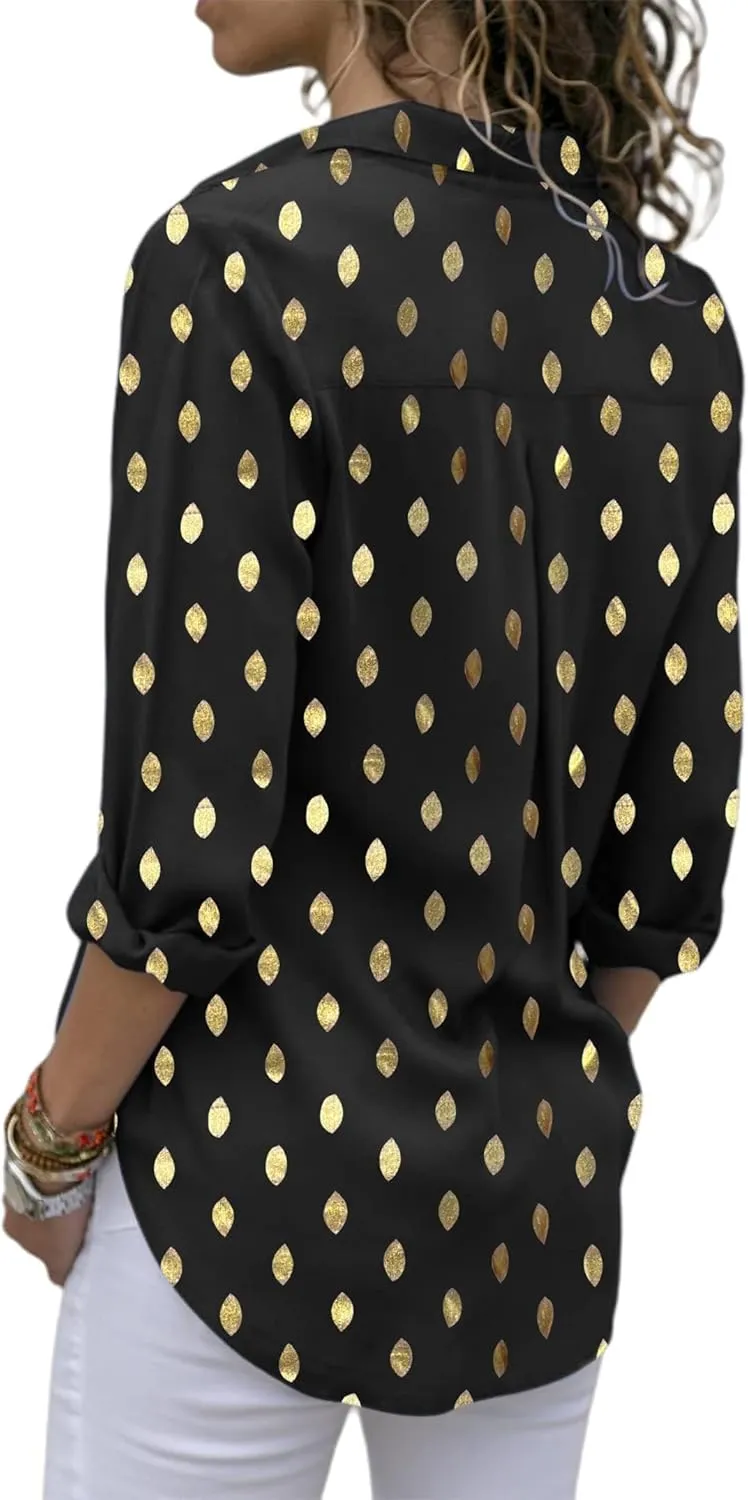 Avanova Women Pattern Print Button Down Blouse Top Long Sleeve Work Business Shirt