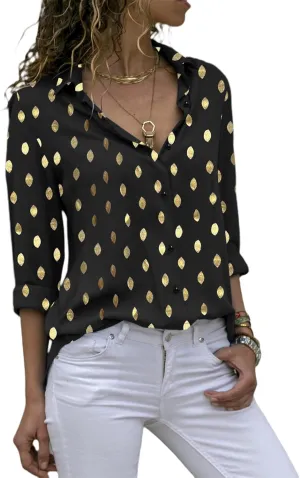 Avanova Women Pattern Print Button Down Blouse Top Long Sleeve Work Business Shirt