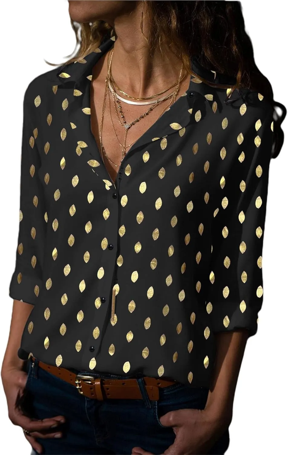 Avanova Women Pattern Print Button Down Blouse Top Long Sleeve Work Business Shirt