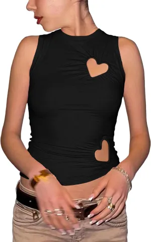 BAIGRAM Women Y2K Asymmetric Cutout Metal Heart High Neck Crop Tank Tops Sleeveless Slim Fit Grunge Harajuku Summer Vest Girl