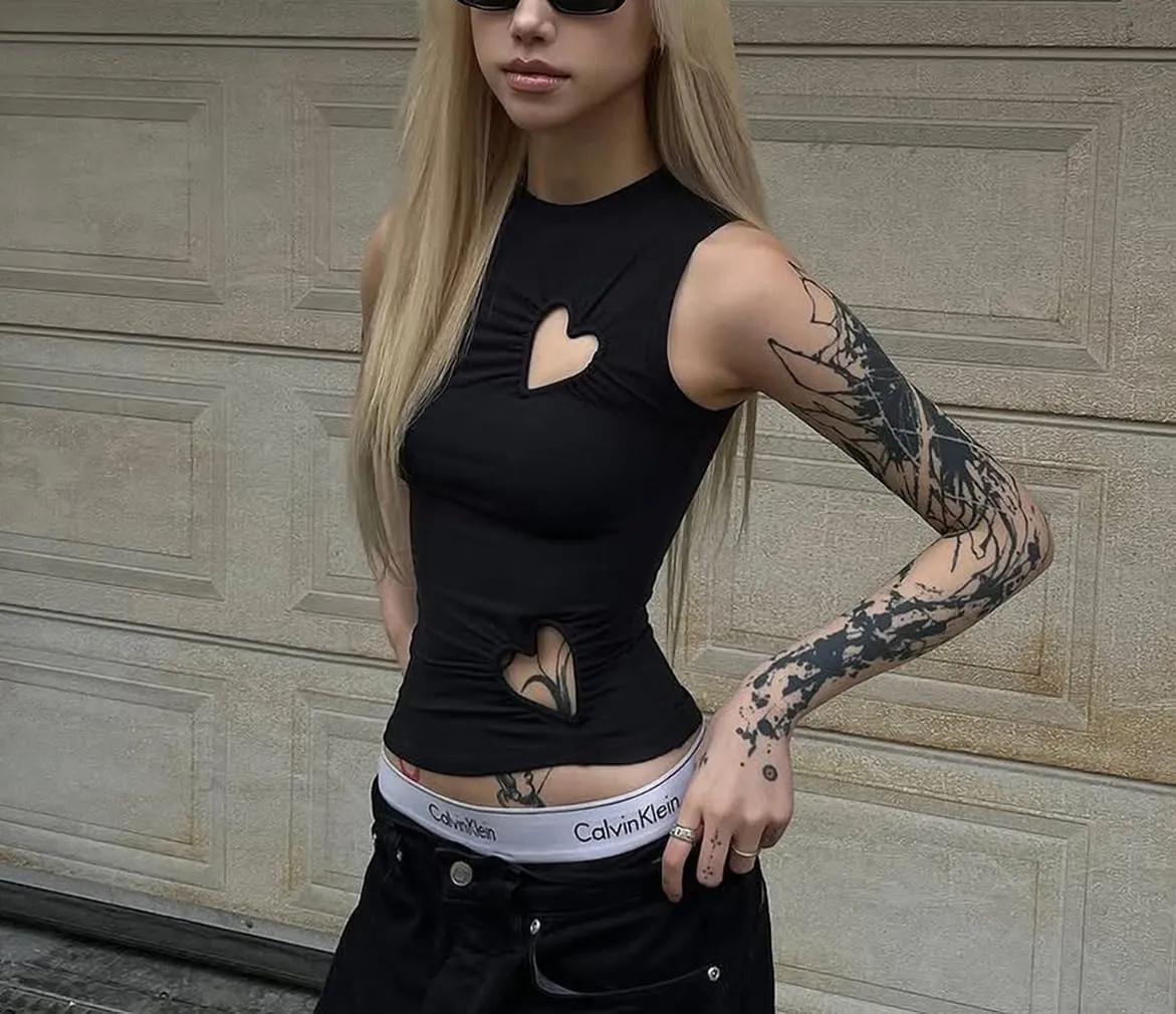 BAIGRAM Women Y2K Asymmetric Cutout Metal Heart High Neck Crop Tank Tops Sleeveless Slim Fit Grunge Harajuku Summer Vest Girl