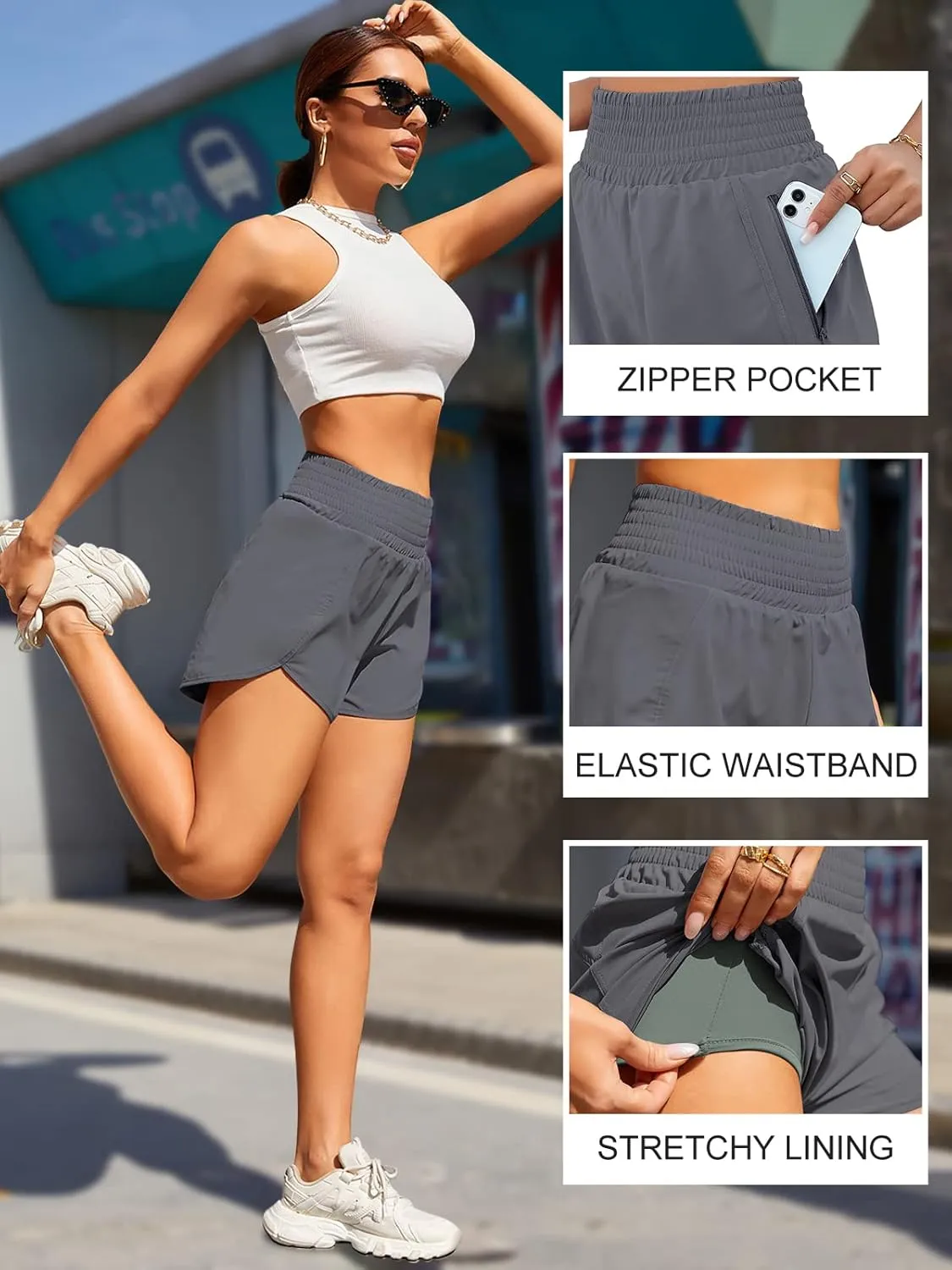 BMJL Women's Athletic Shorts High Waisted Running Shorts Pocket Sporty Short Gym Elastic Workout Shorts