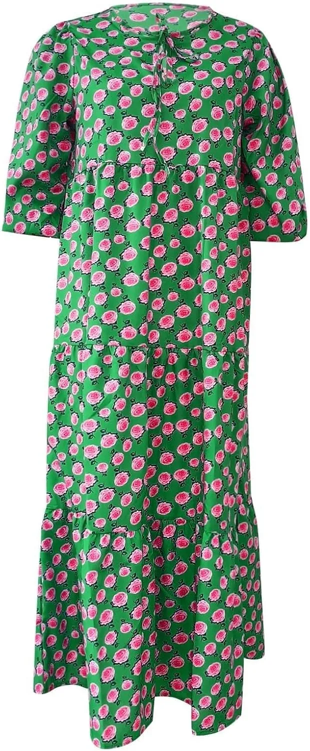 Boho Maxi Dresses for Women 2025 Summer Loose V Neck Puff Short Sleeve Long Flowy Floral Tiered Plus Size Beach Sundress