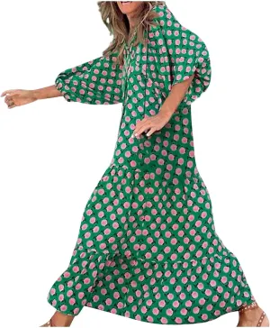 Boho Maxi Dresses for Women 2025 Summer Loose V Neck Puff Short Sleeve Long Flowy Floral Tiered Plus Size Beach Sundress