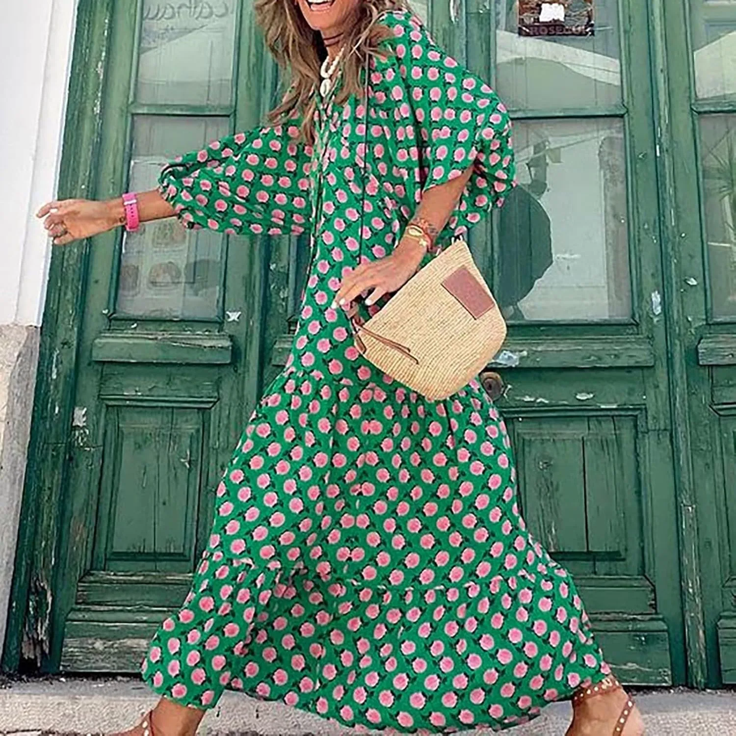 Boho Maxi Dresses for Women 2025 Summer Loose V Neck Puff Short Sleeve Long Flowy Floral Tiered Plus Size Beach Sundress