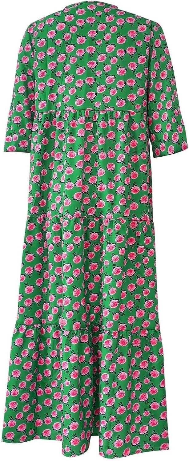Boho Maxi Dresses for Women 2025 Summer Loose V Neck Puff Short Sleeve Long Flowy Floral Tiered Plus Size Beach Sundress