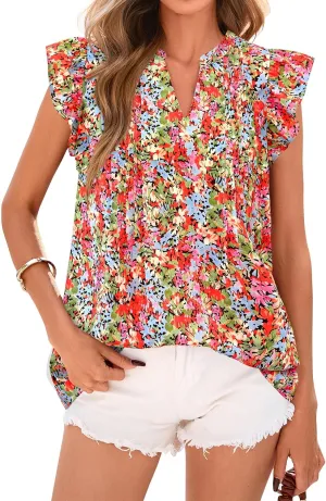 BTFBM Summer Tops for Women 2025 Trendy Cap Sleeve V Neck Floral Dressy Casual Blouse Shirts Cute Tops T Shirts
