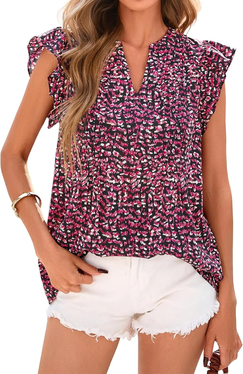 BTFBM Summer Tops for Women 2025 Trendy Cap Sleeve V Neck Floral Dressy Casual Blouse Shirts Cute Tops T Shirts