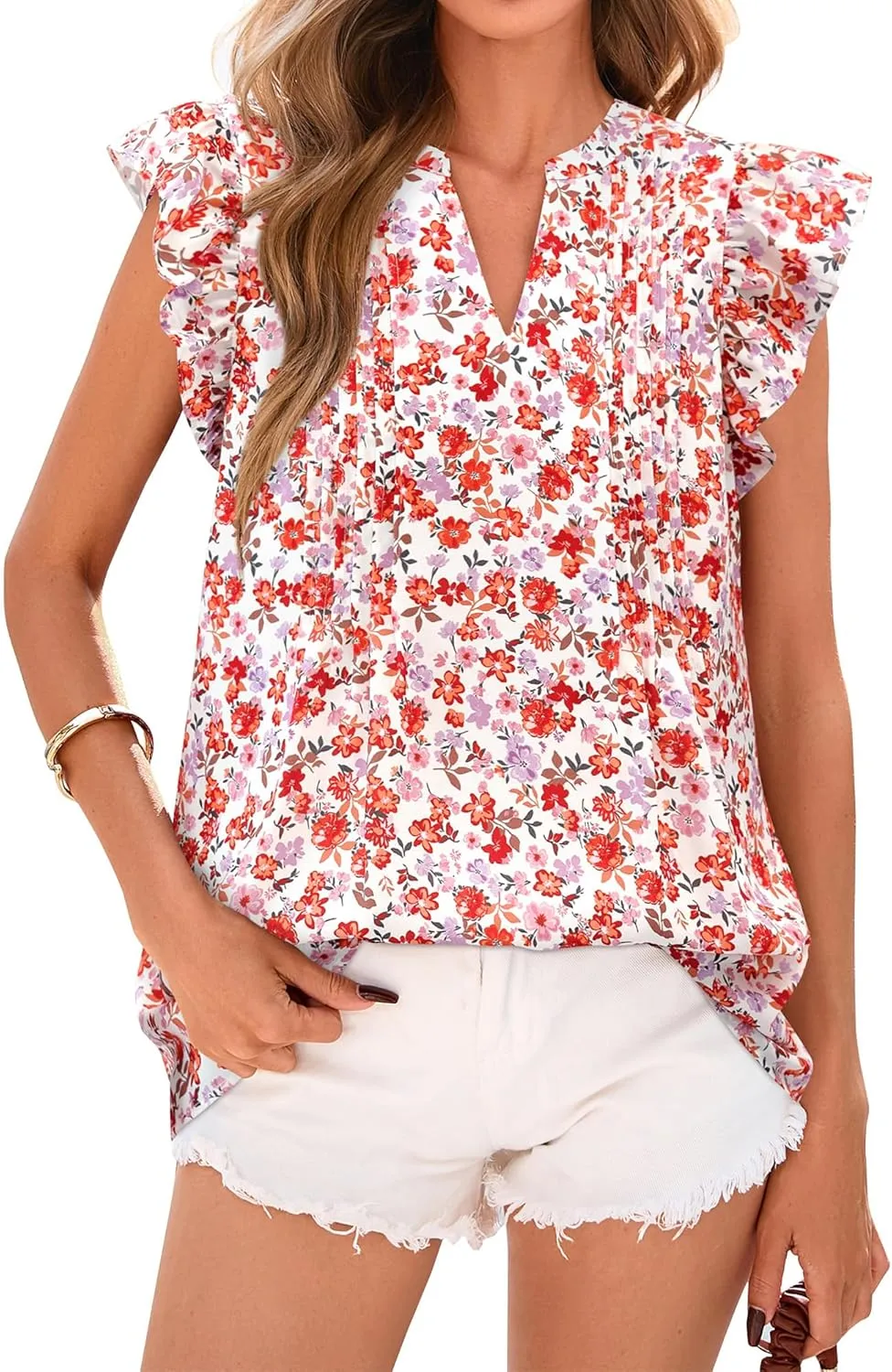 BTFBM Summer Tops for Women 2025 Trendy Cap Sleeve V Neck Floral Dressy Casual Blouse Shirts Cute Tops T Shirts