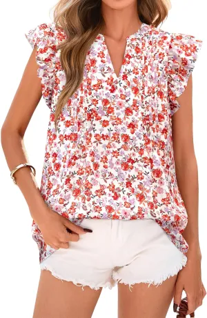 BTFBM Summer Tops for Women 2025 Trendy Cap Sleeve V Neck Floral Dressy Casual Blouse Shirts Cute Tops T Shirts