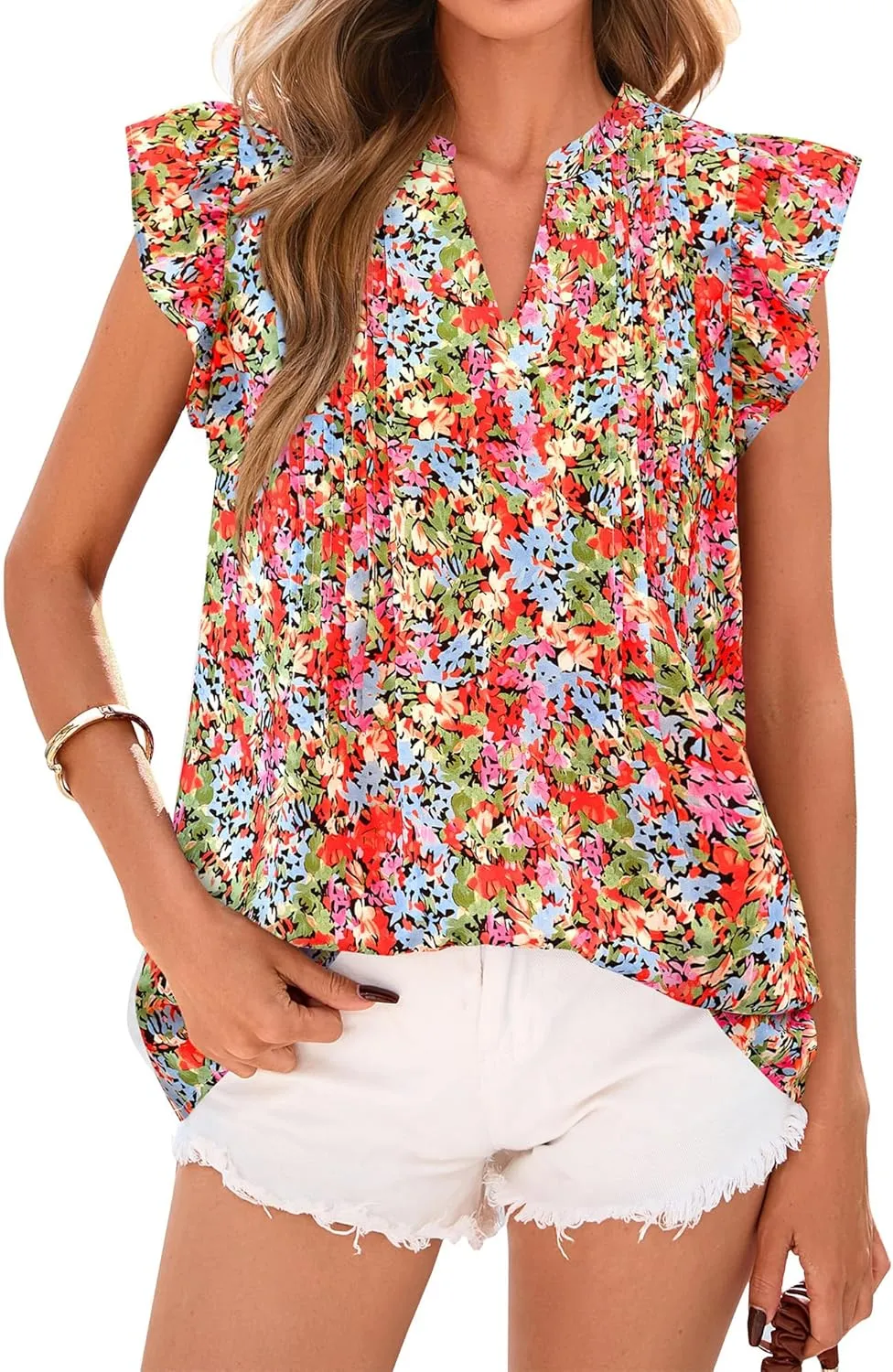 BTFBM Summer Tops for Women 2025 Trendy Cap Sleeve V Neck Floral Dressy Casual Blouse Shirts Cute Tops T Shirts