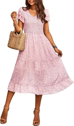 BTFBM Women Casual Summer Short Ruffles Tiered Sleeve Smocked Midi Dresses Bohemian Floral V Neck Wedding Guest Long Dresses