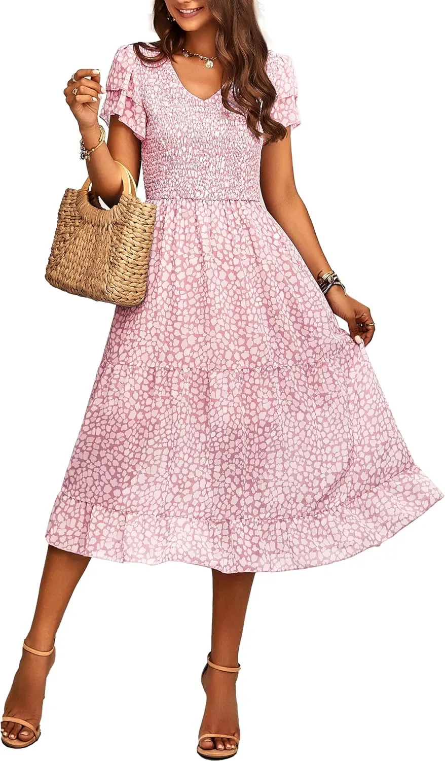 BTFBM Women Casual Summer Short Ruffles Tiered Sleeve Smocked Midi Dresses Bohemian Floral V Neck Wedding Guest Long Dresses