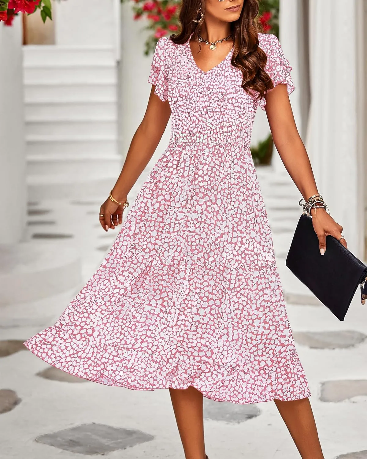 BTFBM Women Casual Summer Short Ruffles Tiered Sleeve Smocked Midi Dresses Bohemian Floral V Neck Wedding Guest Long Dresses