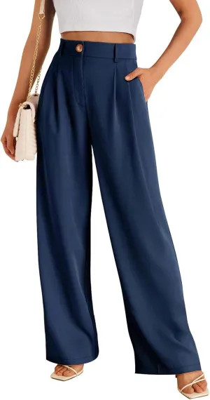 Business Work Pant for Women Fashion Dressy Wide Leg Pants Button Down High Waisted Pant Office Trousers with Pockets