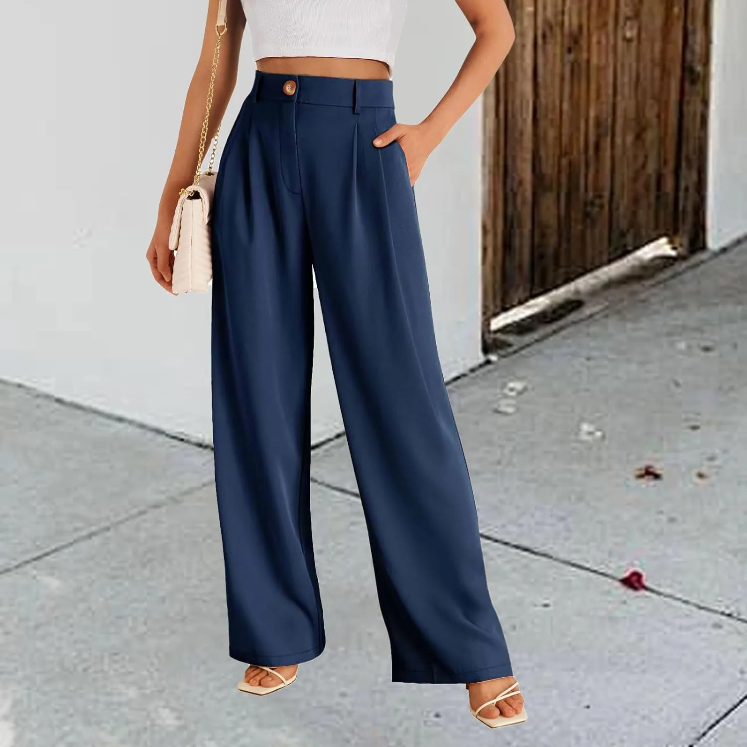 Business Work Pant for Women Fashion Dressy Wide Leg Pants Button Down High Waisted Pant Office Trousers with Pockets
