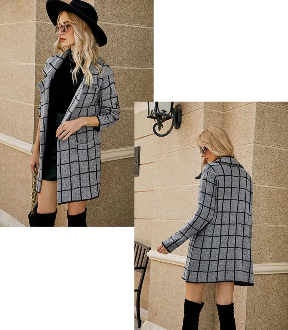 CHARTOU Women's Fall Open Front Cardigan Plaid Midi Long Sweater Knit Blazer Jacket