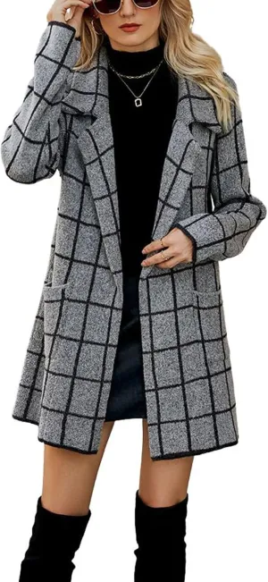 CHARTOU Women's Fall Open Front Cardigan Plaid Midi Long Sweater Knit Blazer Jacket