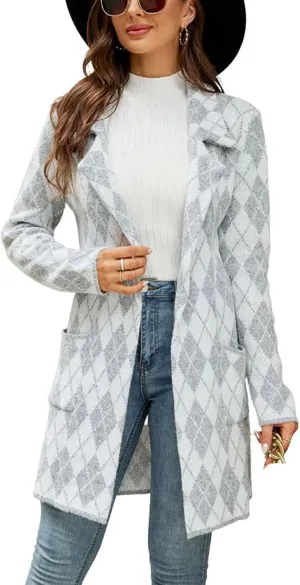 CHARTOU Women's Fall Open Front Cardigan Plaid Midi Long Sweater Knit Blazer Jacket