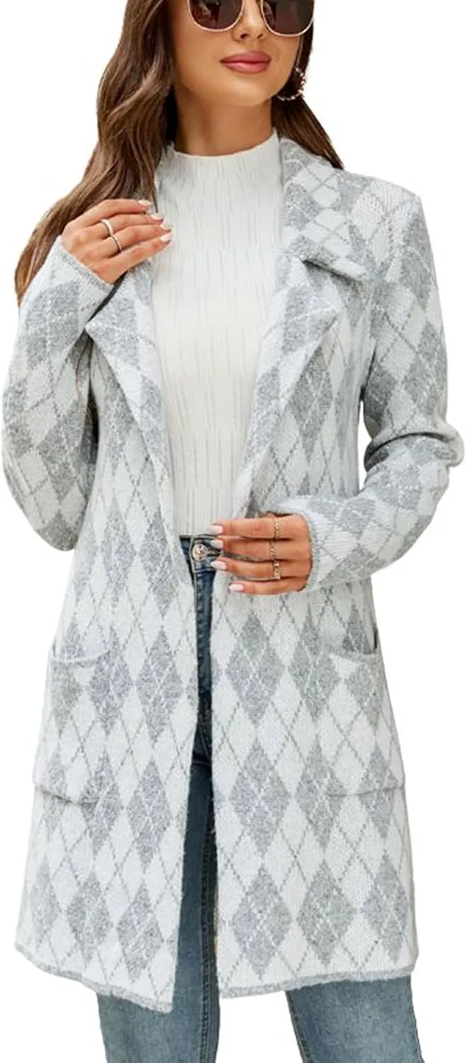 CHARTOU Women's Fall Open Front Cardigan Plaid Midi Long Sweater Knit Blazer Jacket