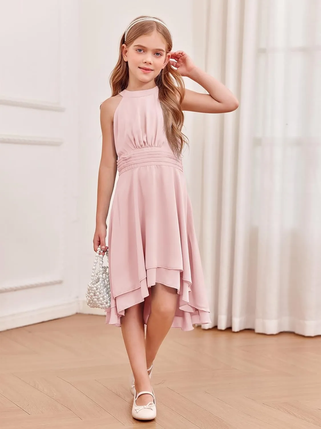 Chiffon Flowy Dresses Flower Girls Asymmetrical with Ruffles Sleveless Swing Party Gowns A-Line Dress…