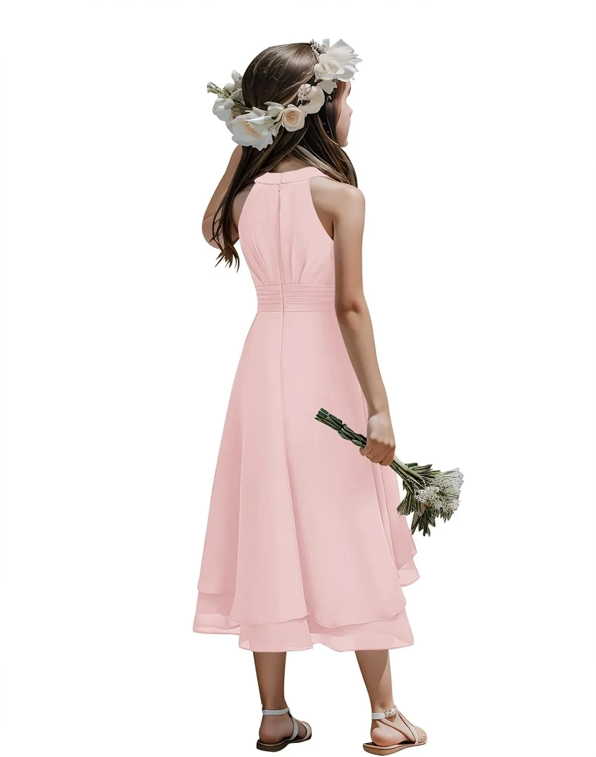 Chiffon Flowy Dresses Flower Girls Asymmetrical with Ruffles Sleveless Swing Party Gowns A-Line Dress…