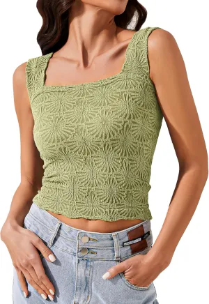 Cropped Tank Tops for Women Square Neck Wide Straps Crop Tank Tops Backless Lettuce Trim Slim Fit Cami Tank Tops