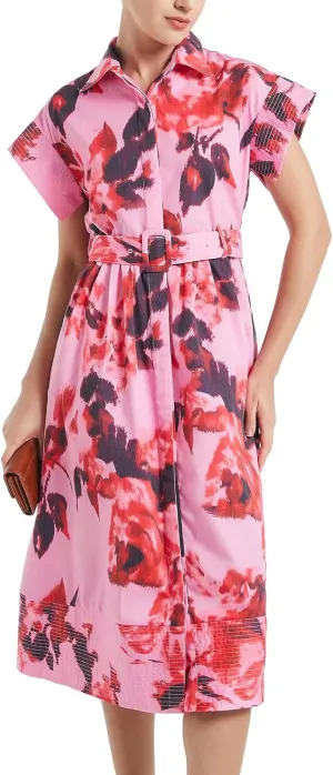 D-Sun Women Button Down Shirt Dress V-Neck Floral Printed Short Sleeves Mid Shirt Dress Belt A-Line Party with Pockets