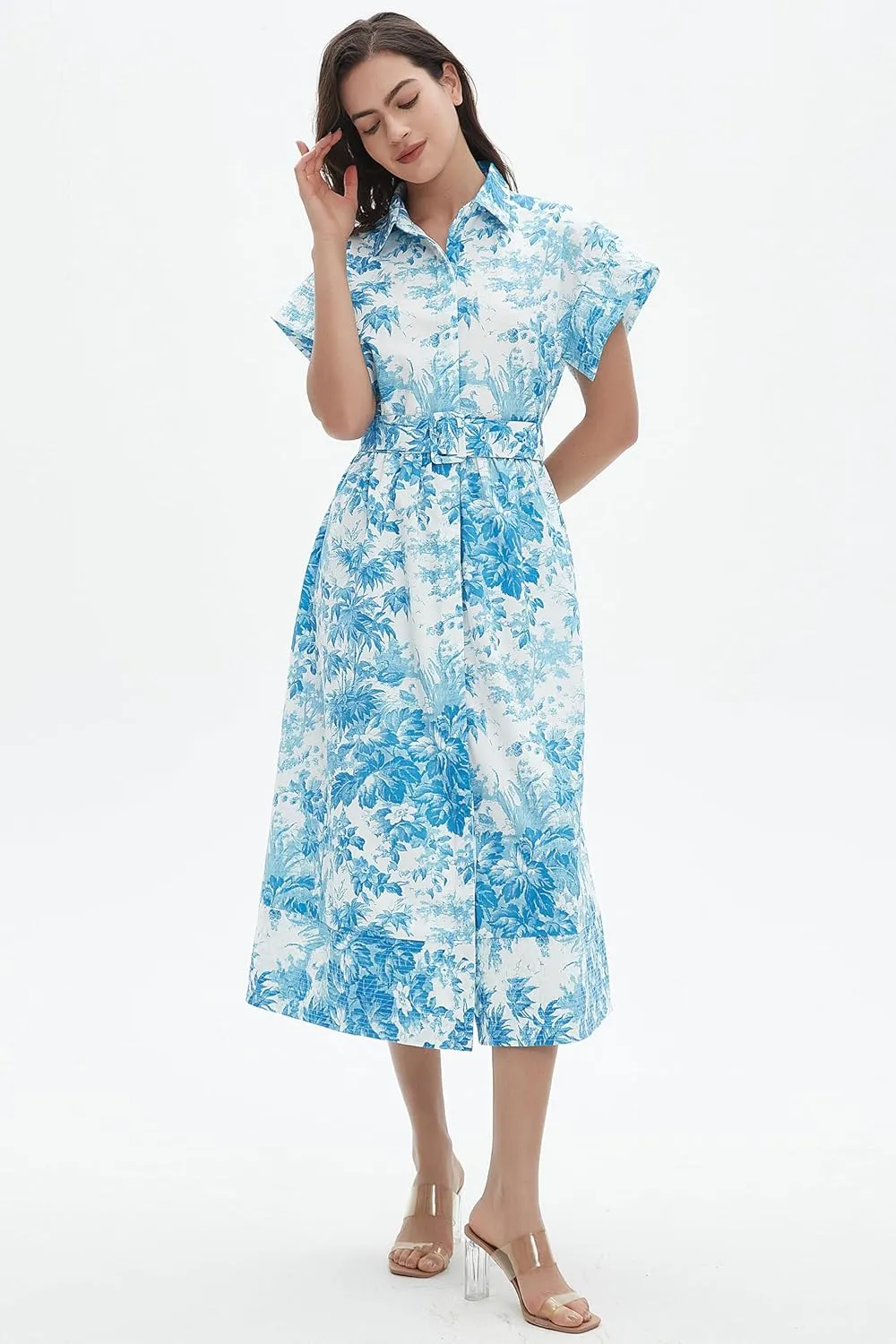 D-Sun Women Button Down Shirt Dress V-Neck Floral Printed Short Sleeves Mid Shirt Dress Belt A-Line Party with Pockets