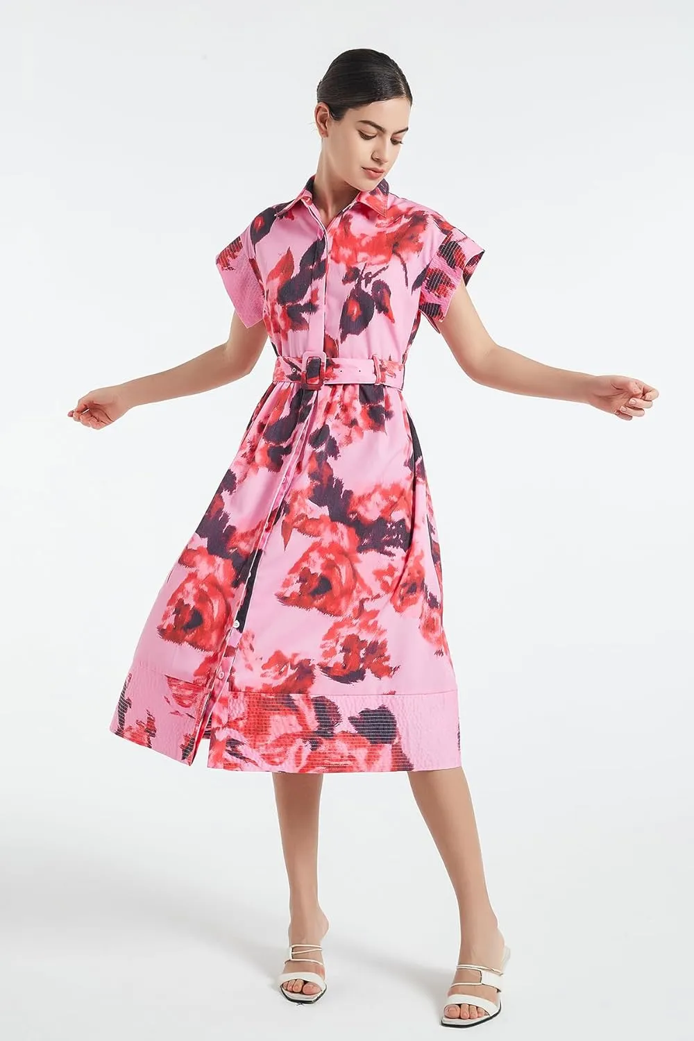 D-Sun Women Button Down Shirt Dress V-Neck Floral Printed Short Sleeves Mid Shirt Dress Belt A-Line Party with Pockets