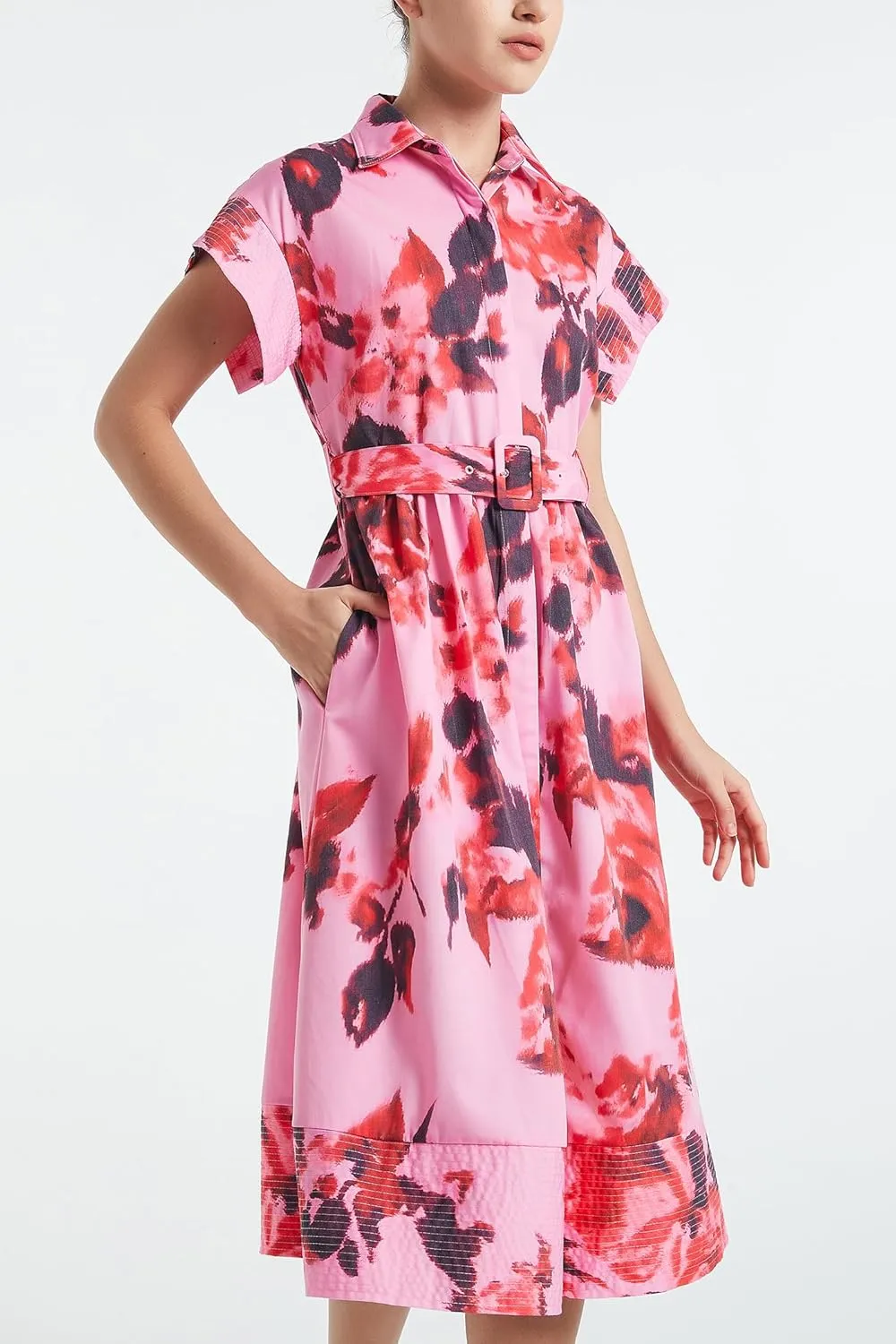 D-Sun Women Button Down Shirt Dress V-Neck Floral Printed Short Sleeves Mid Shirt Dress Belt A-Line Party with Pockets