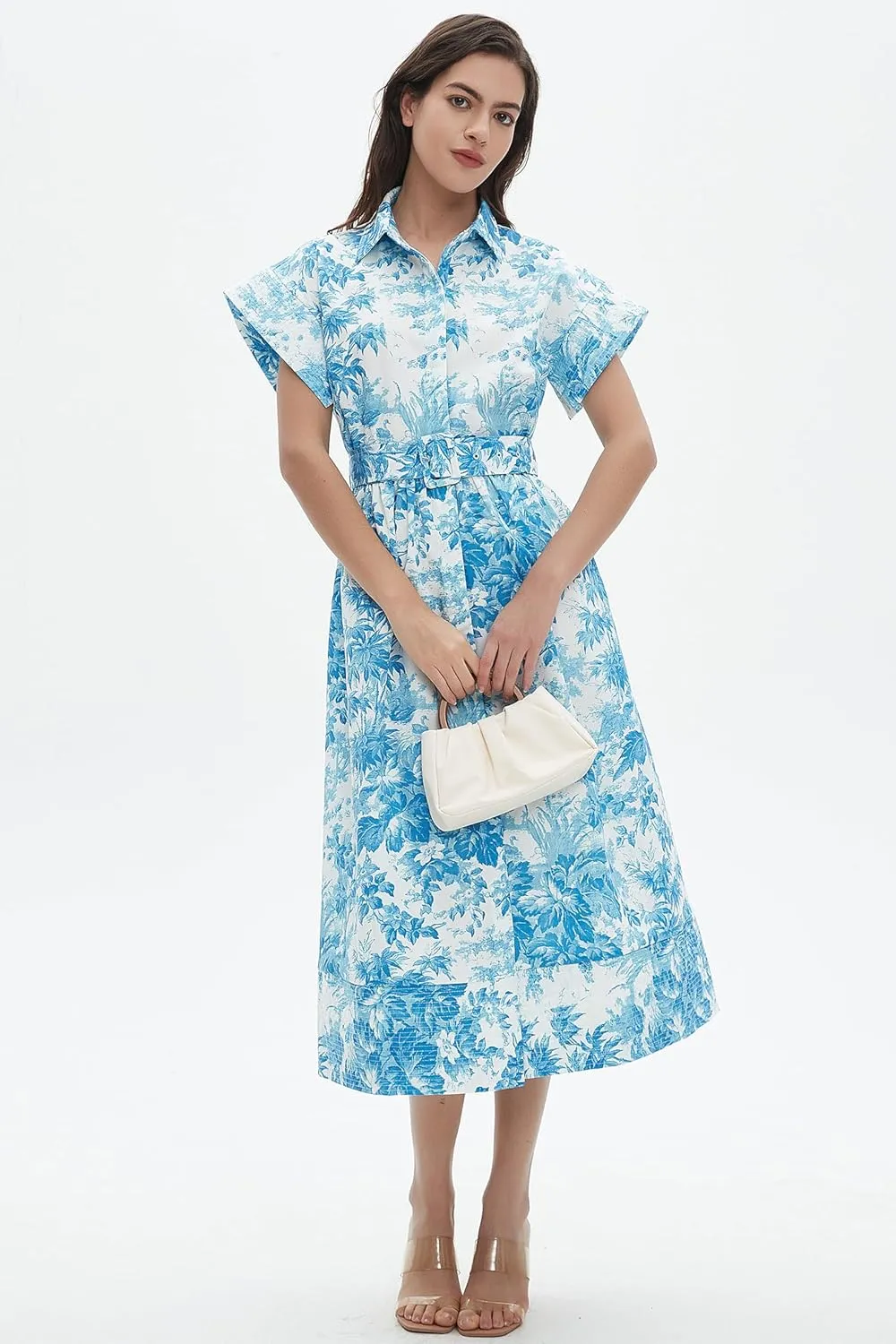 D-Sun Women Button Down Shirt Dress V-Neck Floral Printed Short Sleeves Mid Shirt Dress Belt A-Line Party with Pockets