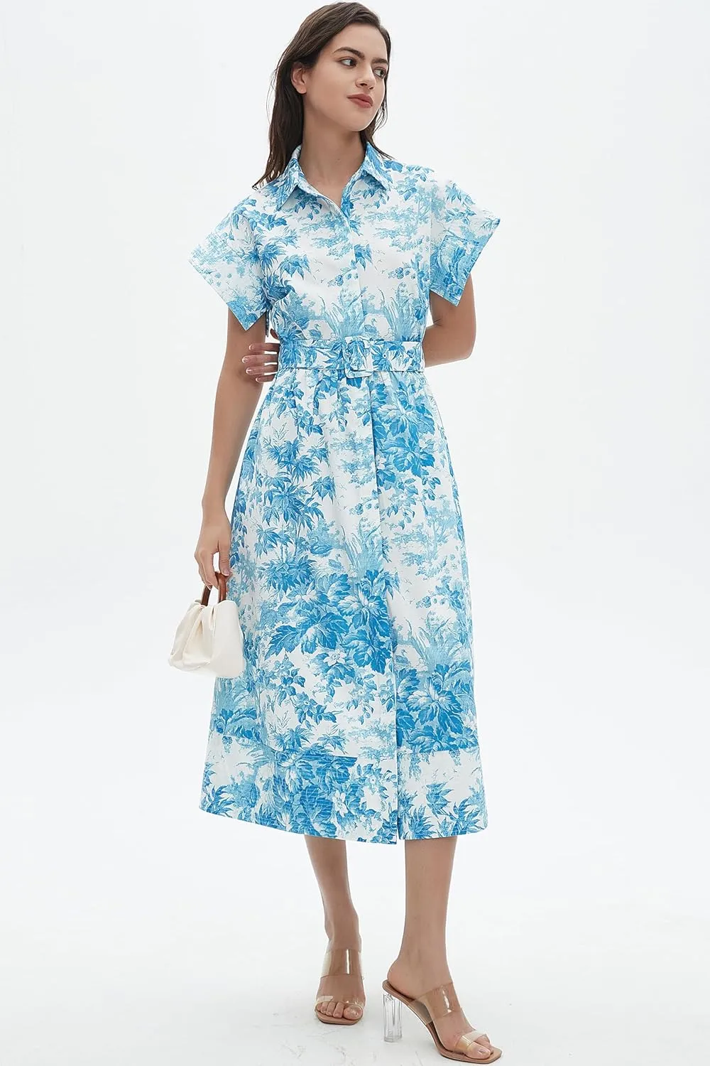 D-Sun Women Button Down Shirt Dress V-Neck Floral Printed Short Sleeves Mid Shirt Dress Belt A-Line Party with Pockets