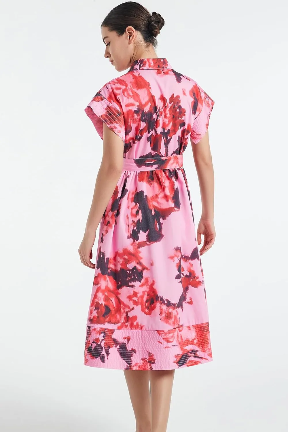 D-Sun Women Button Down Shirt Dress V-Neck Floral Printed Short Sleeves Mid Shirt Dress Belt A-Line Party with Pockets