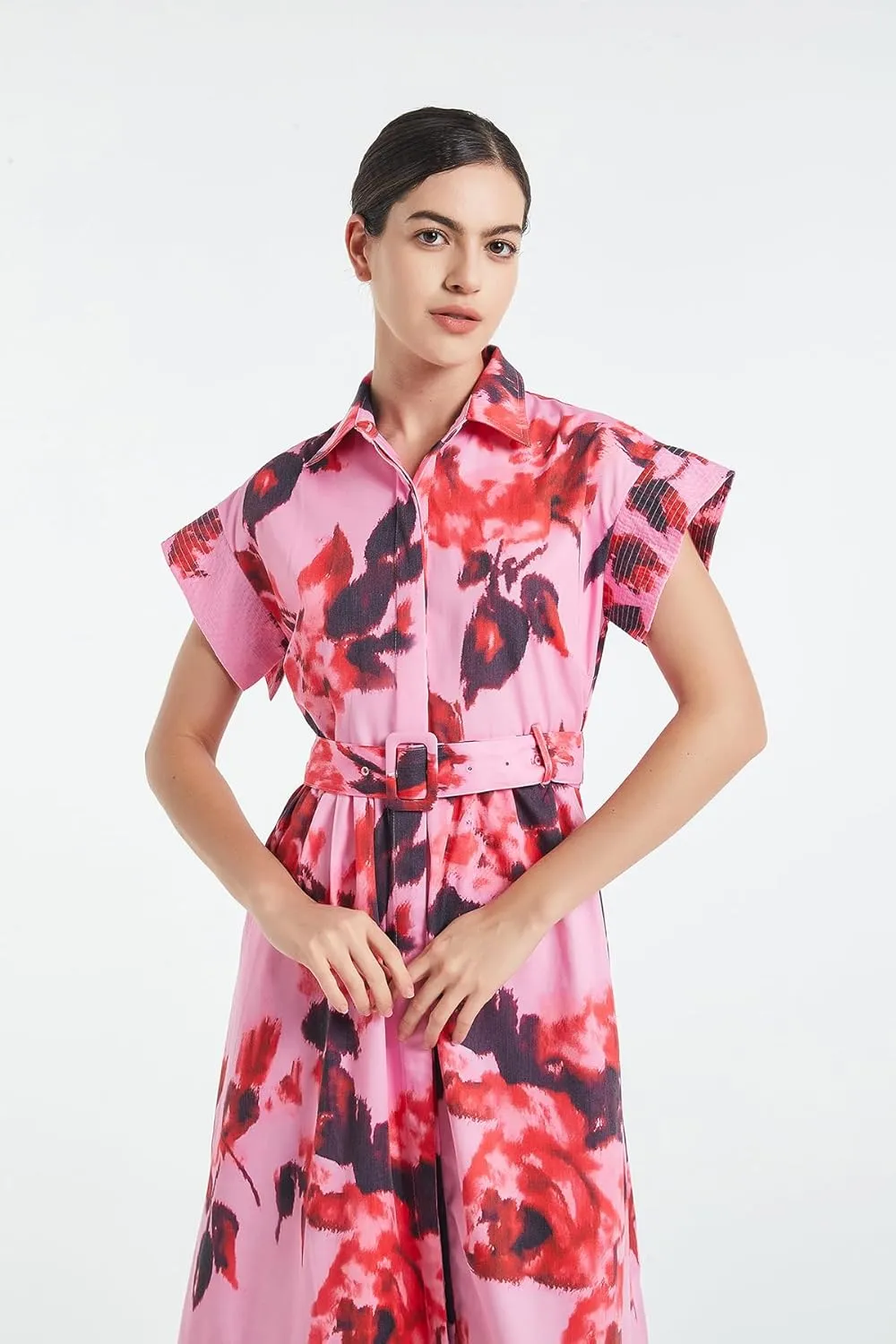 D-Sun Women Button Down Shirt Dress V-Neck Floral Printed Short Sleeves Mid Shirt Dress Belt A-Line Party with Pockets