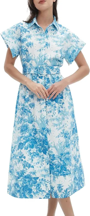D-Sun Women Button Down Shirt Dress V-Neck Floral Printed Short Sleeves Mid Shirt Dress Belt A-Line Party with Pockets