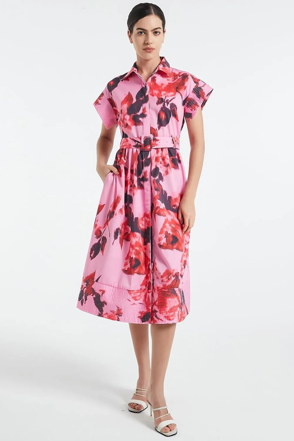 D-Sun Women Button Down Shirt Dress V-Neck Floral Printed Short Sleeves Mid Shirt Dress Belt A-Line Party with Pockets