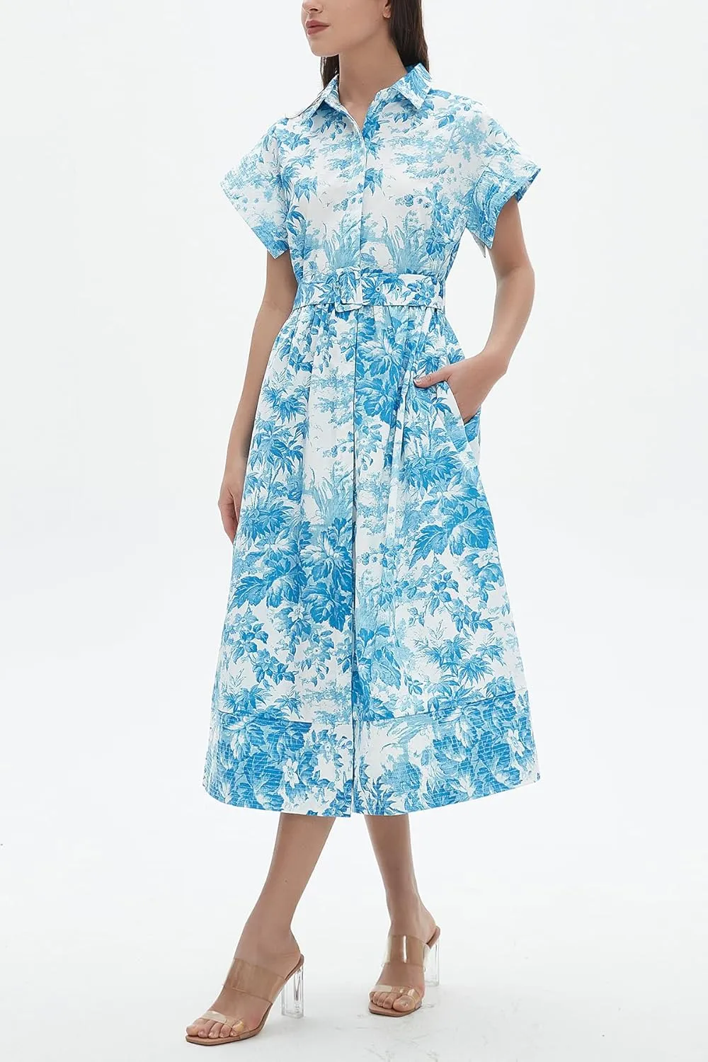 D-Sun Women Button Down Shirt Dress V-Neck Floral Printed Short Sleeves Mid Shirt Dress Belt A-Line Party with Pockets
