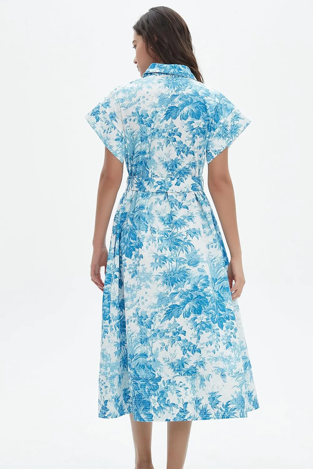 D-Sun Women Button Down Shirt Dress V-Neck Floral Printed Short Sleeves Mid Shirt Dress Belt A-Line Party with Pockets