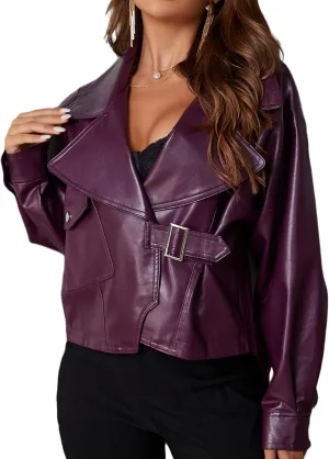 D&M D&MWomen's Oversized Leather Jacket Faux Casual Metal Buckle Fashionable Bomber Motorcycle Jacket with Pockets XS-XXL