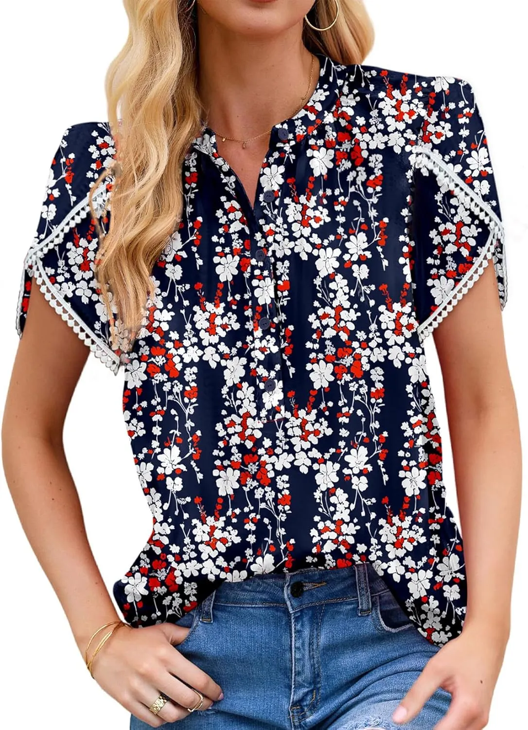Dokotoo Womens Tops Summer Casual Boho Floral Print Short Sleeve Half Button Down V Neck Chiffon Blouses Shirts