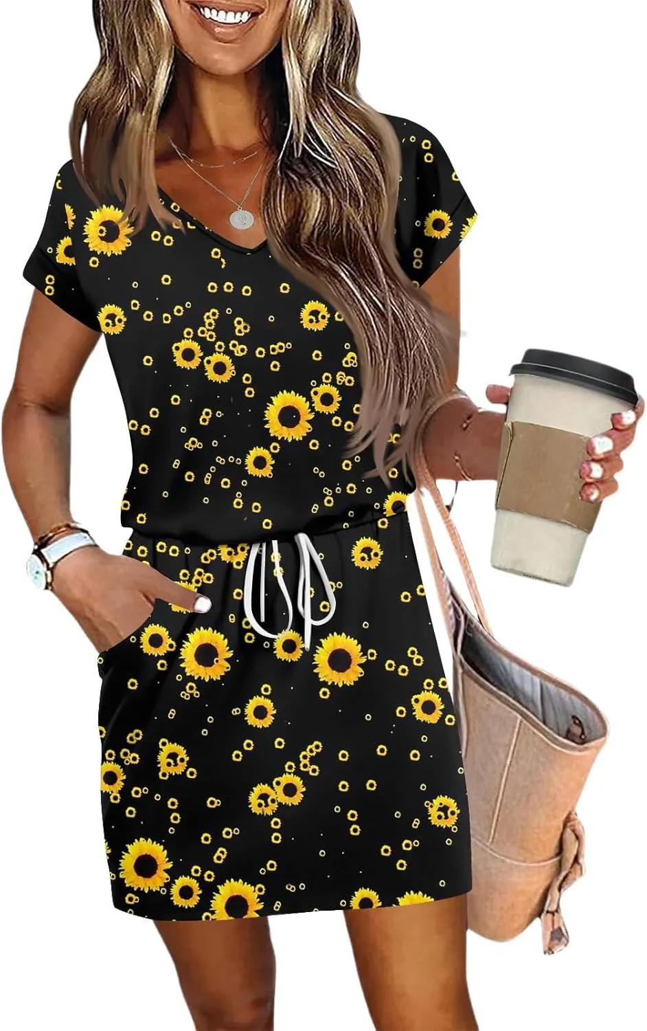 Dresses for Women 2025 Summer Casual Beach Sundress Short Sleeve Shift Dress Crewneck T-Shirt Dress with Pockets
