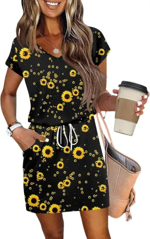 Dresses for Women 2025 Summer Casual Beach Sundress Short Sleeve Shift Dress Crewneck T-Shirt Dress with Pockets