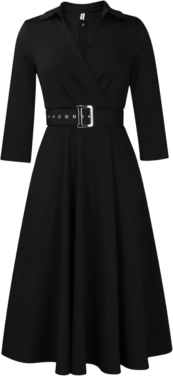 Elainone Women’s 3/4 Sleeve Flared A Line Dress Wedding Guest Casual Semi Formal Office Lady Dresses with Belt