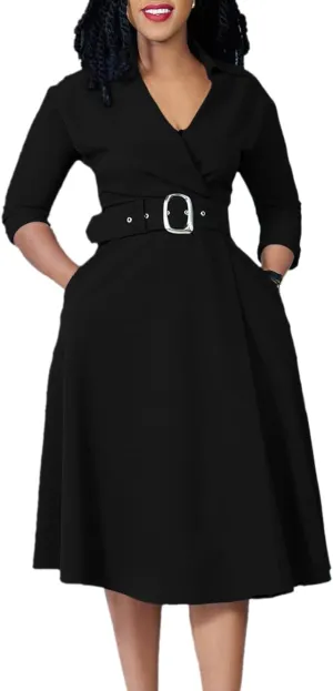 Elainone Women’s 3/4 Sleeve Flared A Line Dress Wedding Guest Casual Semi Formal Office Lady Dresses with Belt