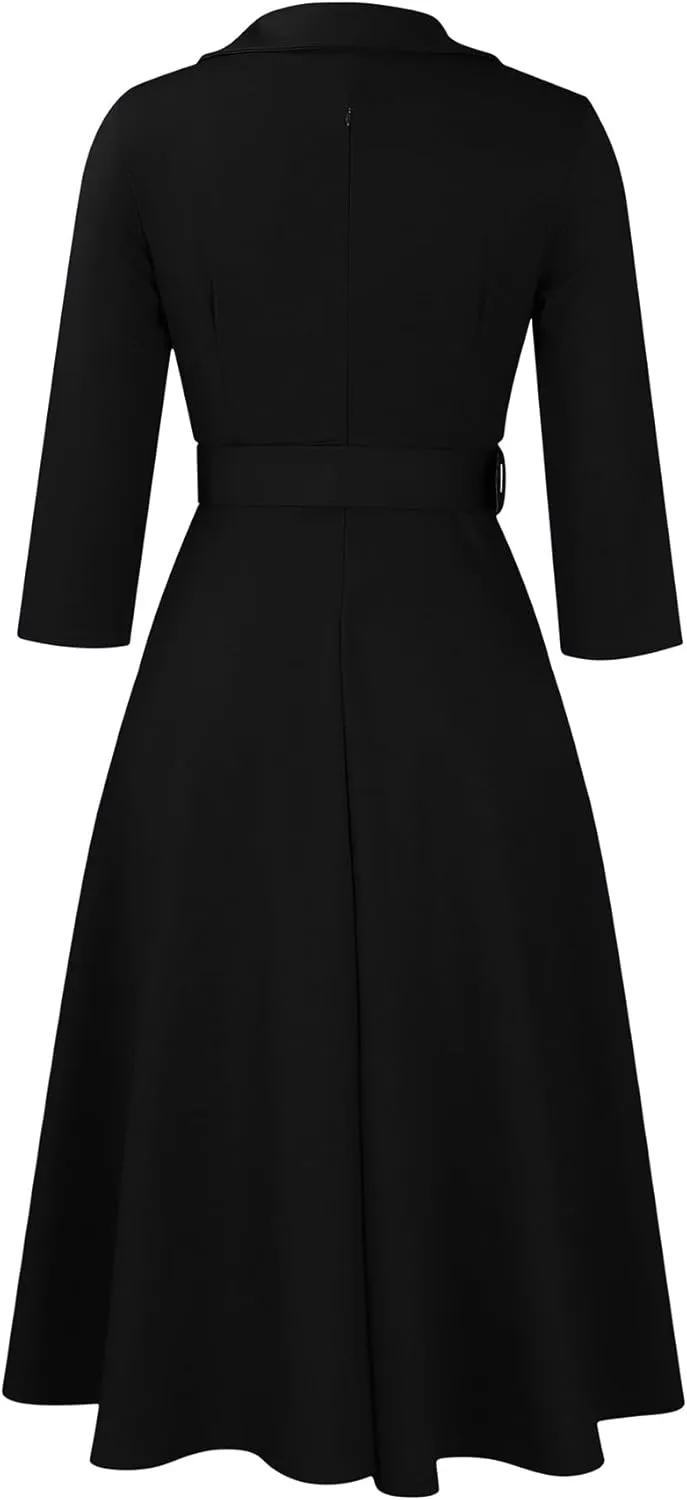 Elainone Women’s 3/4 Sleeve Flared A Line Dress Wedding Guest Casual Semi Formal Office Lady Dresses with Belt