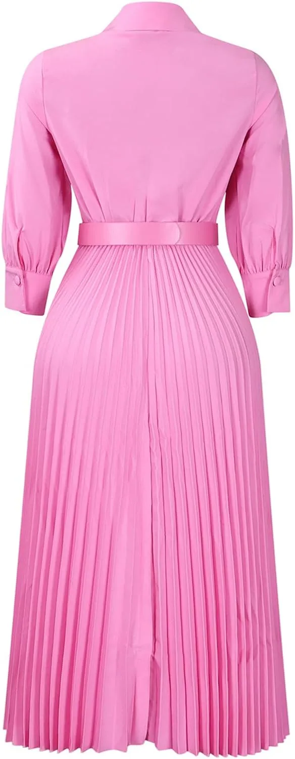 Elainone Women’s 3/4 Sleeve Flared A Line Dress Wedding Guest Casual Semi Formal Office Lady Dresses with Belt